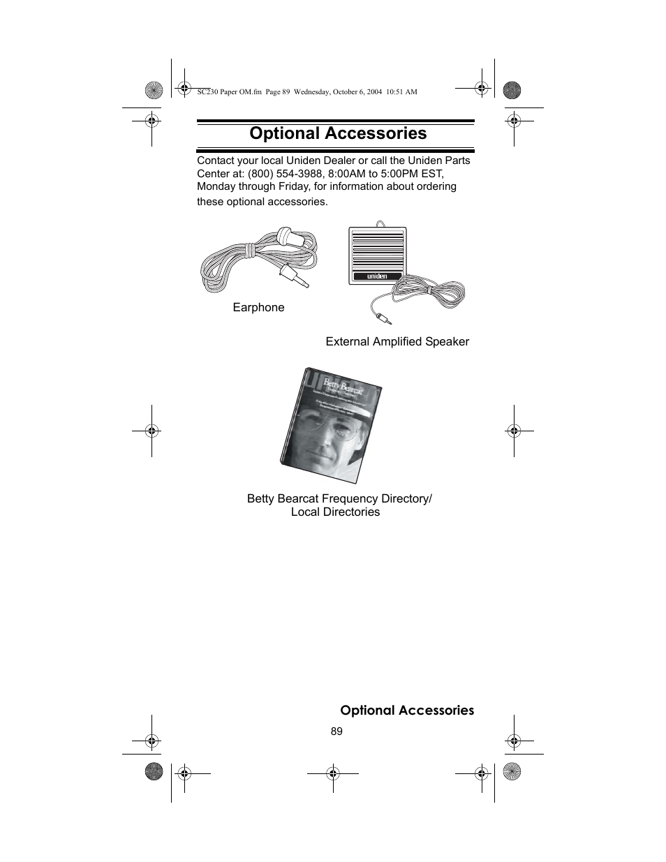 Optional accessories | Uniden SC230 User Manual | Page 89 / 99