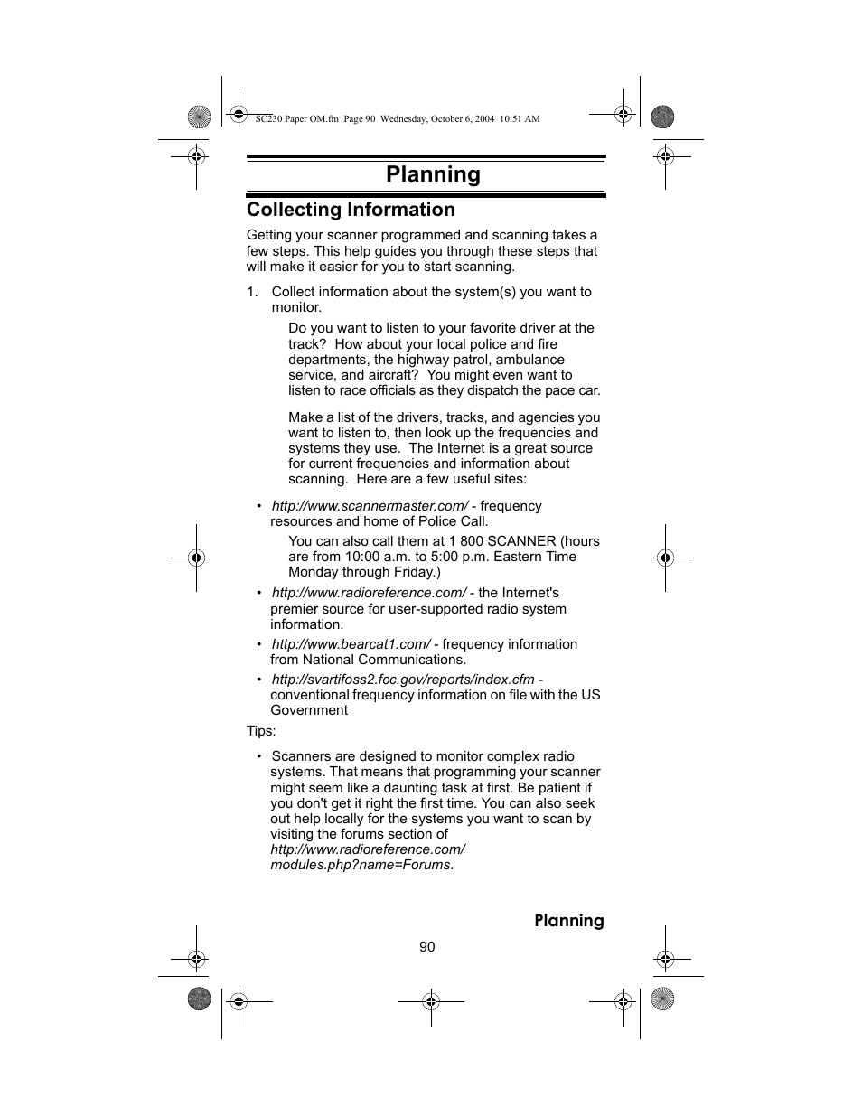 Planning, Collecting information | Uniden SC230 User Manual | Page 90 / 99