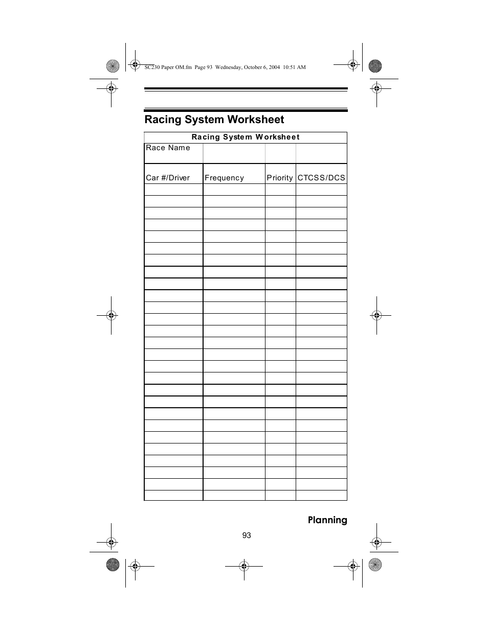 Racing system worksheet | Uniden SC230 User Manual | Page 93 / 99
