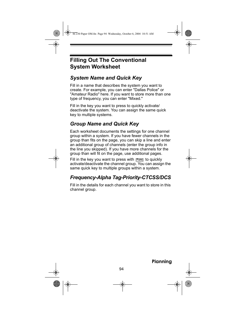 Filling out the conventional system worksheet, System name and quick key, Group name and quick key | Frequency-alpha tag-priority-ctcss/dcs | Uniden SC230 User Manual | Page 94 / 99