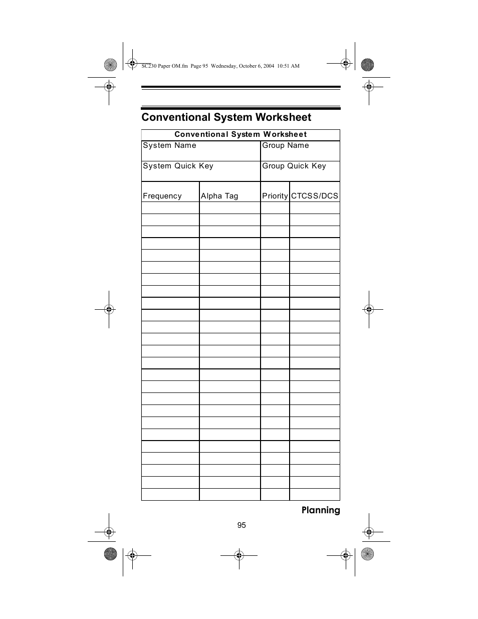 Conventional system worksheet | Uniden SC230 User Manual | Page 95 / 99