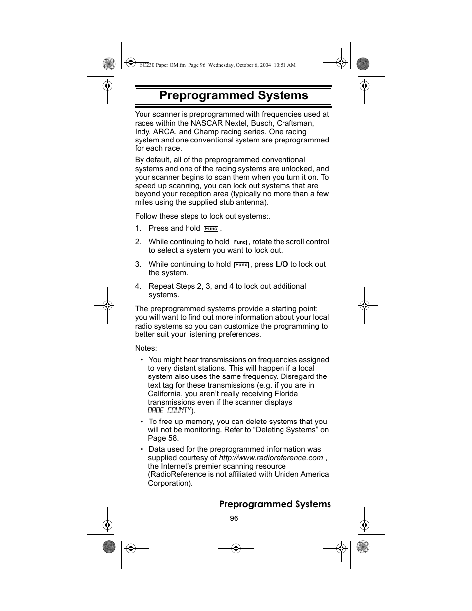 Preprogrammed sys- tems, Preprogrammed systems | Uniden SC230 User Manual | Page 96 / 99