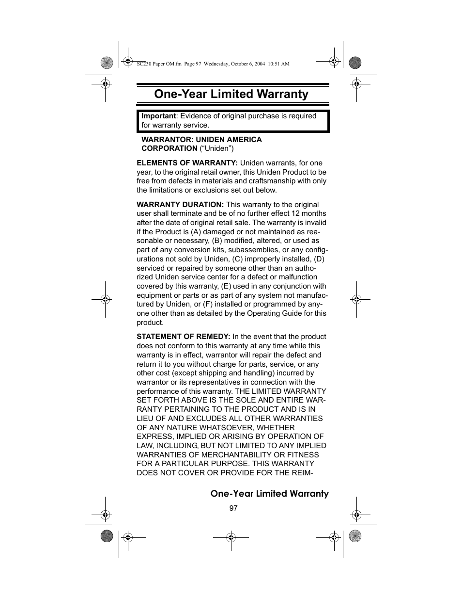 One-year limited war- ranty, One-year limited warranty | Uniden SC230 User Manual | Page 97 / 99