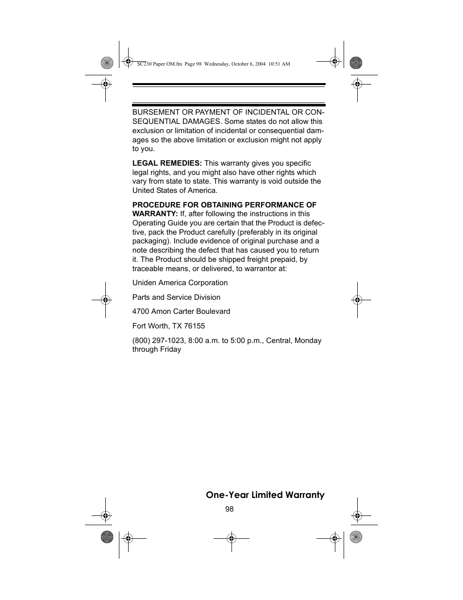 Uniden SC230 User Manual | Page 98 / 99