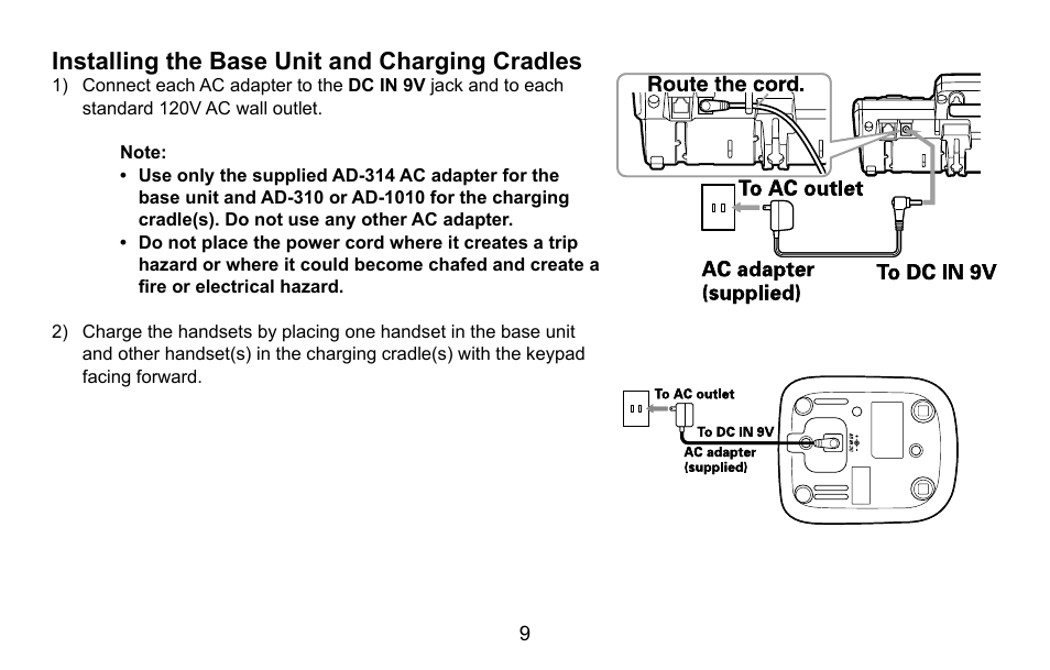 Installing the base unit and charging cradles, Installing.the.base.unit.and.charging.cradles | Uniden DXAI5688 User Manual | Page 10 / 68