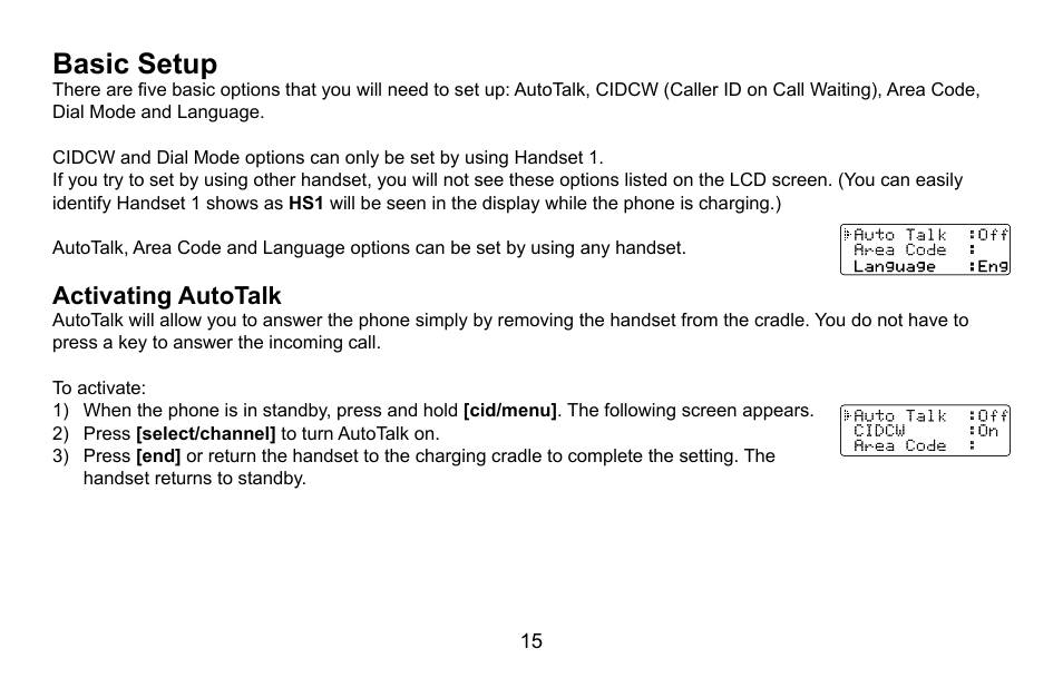 Basic setup, Activating autotalk, Basic.setup | Activating.autotalk | Uniden DXAI5688 User Manual | Page 16 / 68