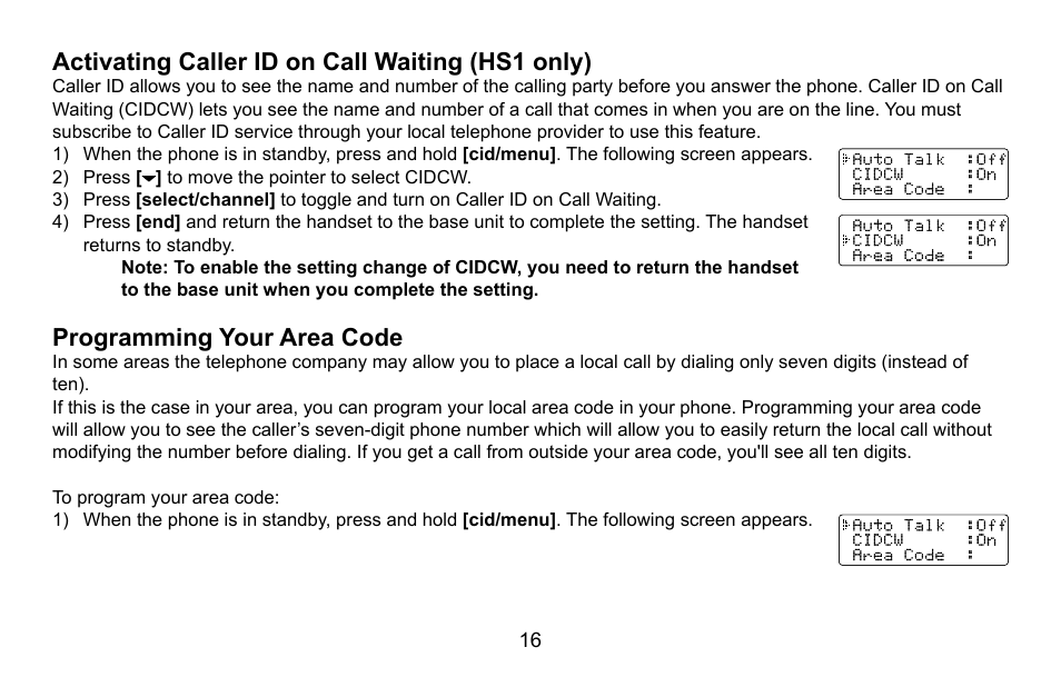 Activating caller id on call waiting (hs1 only), Programming your area code, Activating.caller.id.on.call.waiting.(hs1.only) | Programming.your.area.code | Uniden DXAI5688 User Manual | Page 17 / 68