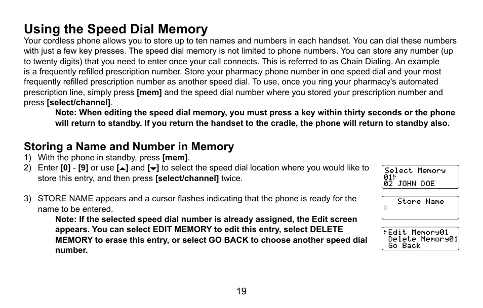 Using the speed dial memory, Storing a name and number in memory, Using.the.speed.dial.memory | Uniden DXAI5688 User Manual | Page 20 / 68
