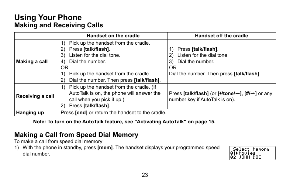 Using your phone, Making and receiving calls, Making a call from speed dial memory | Using.your.phone, Making.and.receiving.calls | Uniden DXAI5688 User Manual | Page 24 / 68
