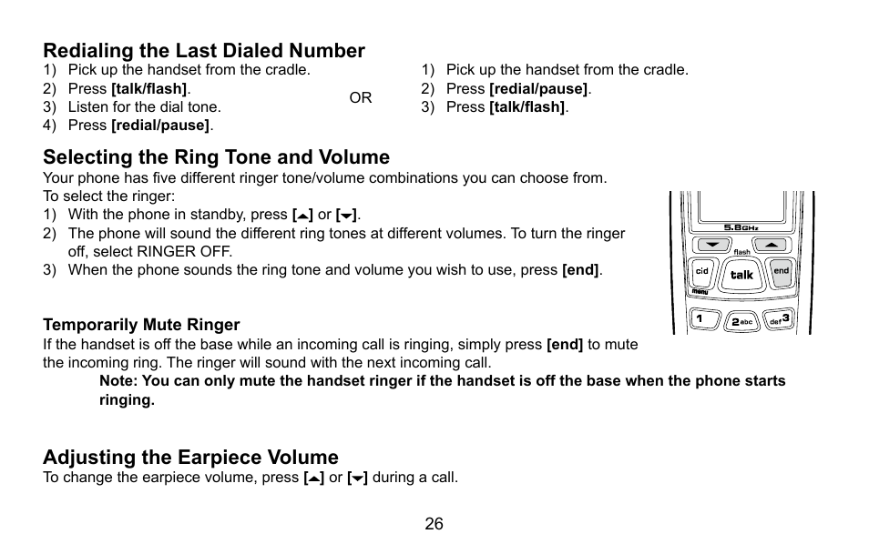 Redialing the last dialed number, Selecting the ring tone and volume, Temporarily mute ringer | Adjusting the earpiece volume, Redialing.the.last.dialed.number, Selecting.the.ring.tone.and.volume, Adjusting.the.earpiece.volume | Uniden DXAI5688 User Manual | Page 27 / 68
