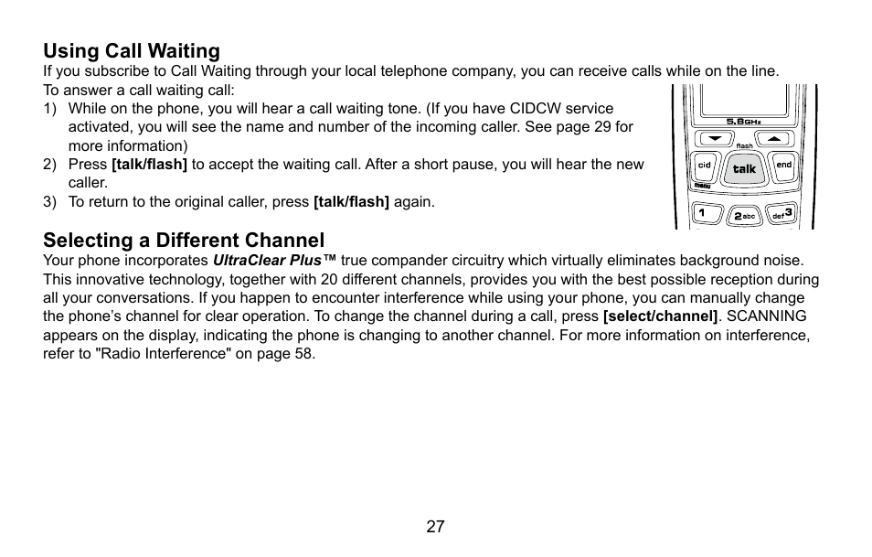 Using call waiting, Selecting a different channel, Using.call.waiting | Selecting.a.different.channel | Uniden DXAI5688 User Manual | Page 28 / 68