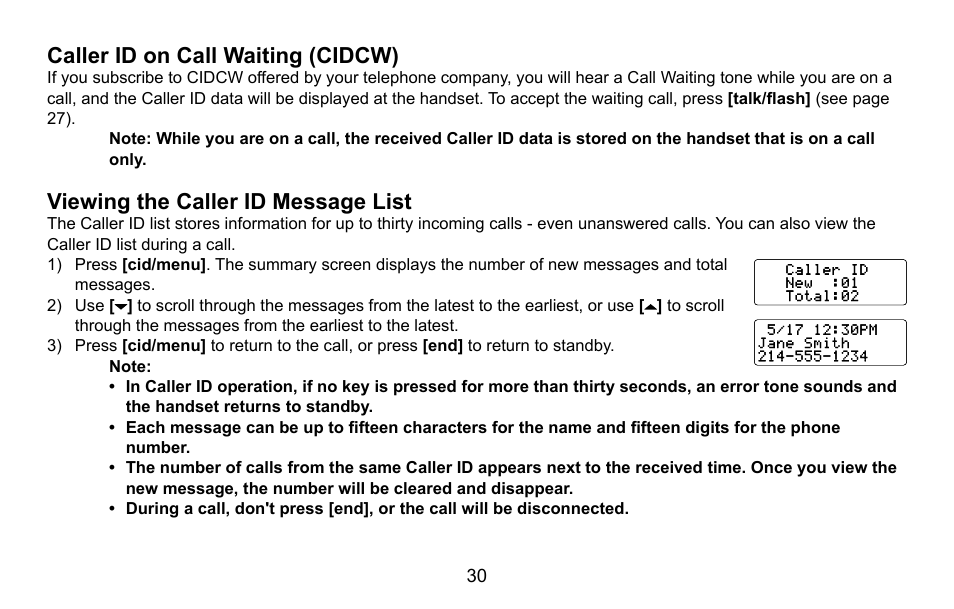 Caller id on call waiting (cidcw), Viewing the caller id message list, Caller.id.on.call.waiting.(cidcw) | Viewing.the.caller.id.message.list | Uniden DXAI5688 User Manual | Page 31 / 68