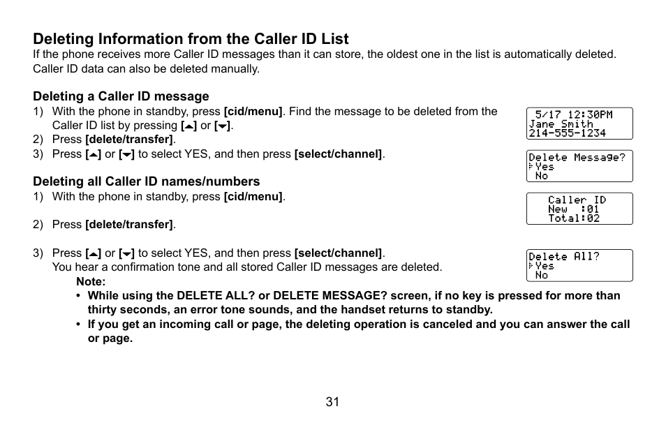 Deleting information from the caller id list, Deleting a caller id message, Deleting all caller id names/numbers | Deleting.information.from.the.caller.id.list | Uniden DXAI5688 User Manual | Page 32 / 68