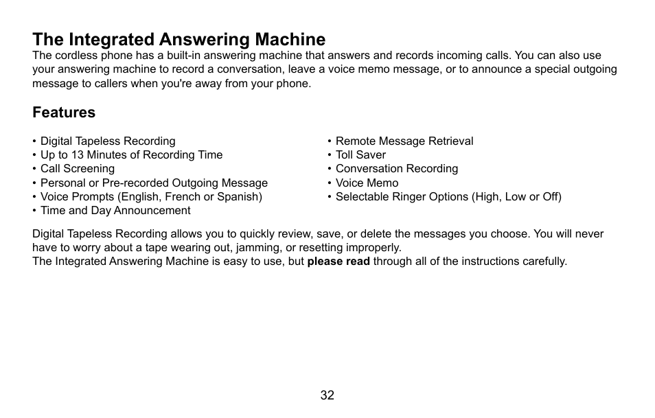 The integrated answering machine, The.integrated.answering.machine, Features | Uniden DXAI5688 User Manual | Page 33 / 68