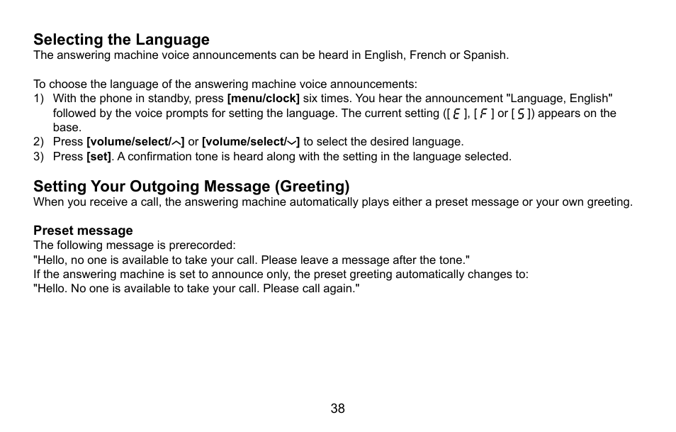 Setting your outgoing message (greeting), Preset message, Selecting.the.language | Setting.your.outgoing.message.(greeting) | Uniden DXAI5688 User Manual | Page 39 / 68
