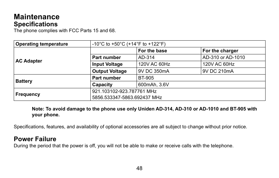 Maintenance, Specifications, Power.failure | Uniden DXAI5688 User Manual | Page 49 / 68
