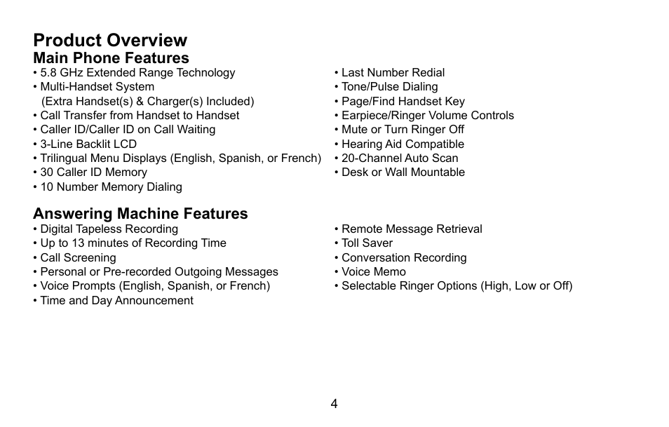 Product overview, Product.overview, Main.phone.features | Answering.machine.features | Uniden DXAI5688 User Manual | Page 5 / 68