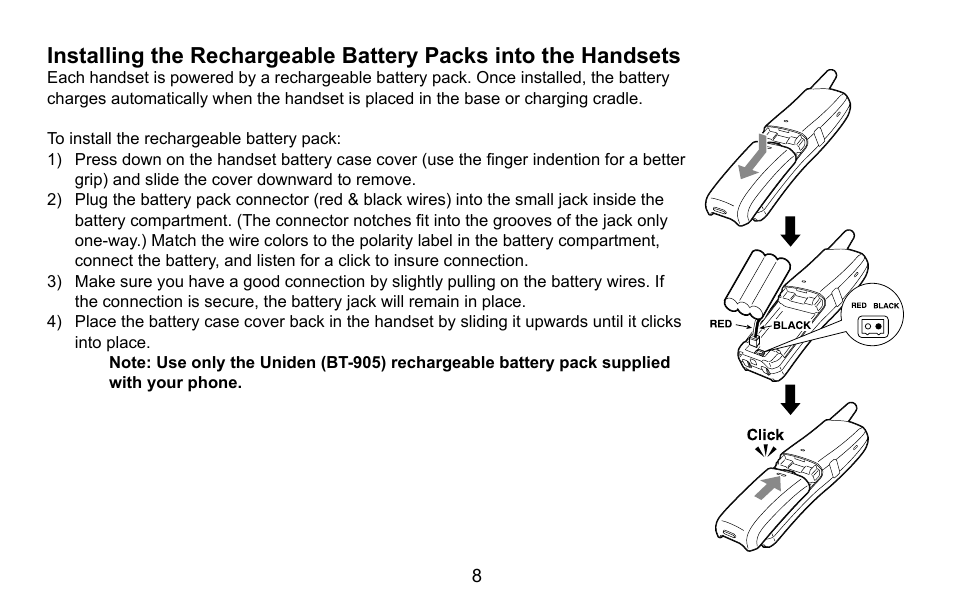 Installing the rechargeable battery packs into the, Handsets | Uniden DXAI5688 User Manual | Page 9 / 68