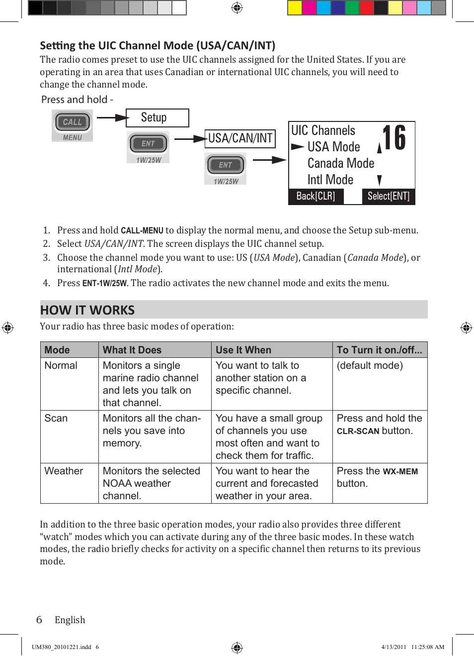 How it works, Uic channels usa mode canada mode intl mode, Setup | Usa/can/int | Uniden Waterproof DSC Marine Radio UM380 User Manual | Page 10 / 56