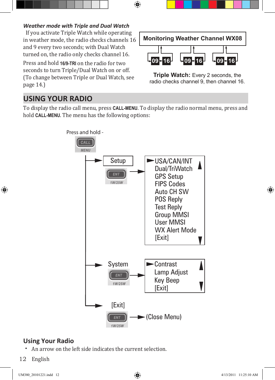 Using your radio | Uniden Waterproof DSC Marine Radio UM380 User Manual | Page 16 / 56