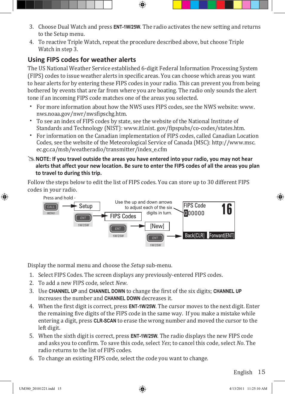 Using fips codes for weather alerts | Uniden Waterproof DSC Marine Radio UM380 User Manual | Page 19 / 56