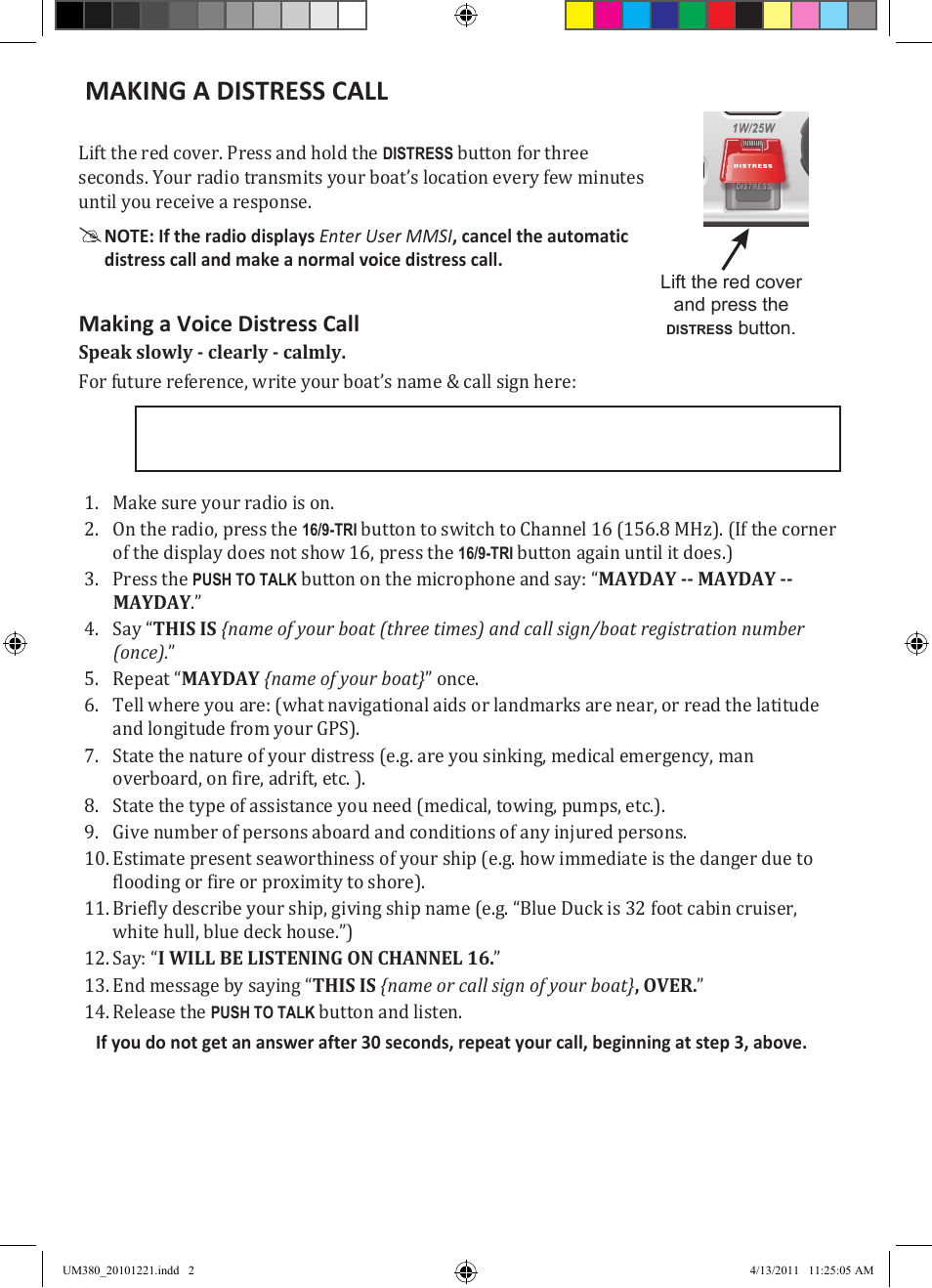 Making a distress call, Making a voice distress call | Uniden Waterproof DSC Marine Radio UM380 User Manual | Page 2 / 56