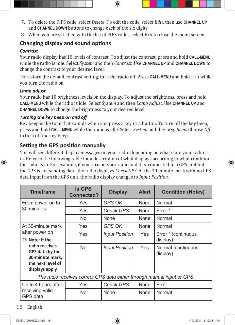 Changing display and sound options, Setting the gps position manually | Uniden Waterproof DSC Marine Radio UM380 User Manual | Page 20 / 56