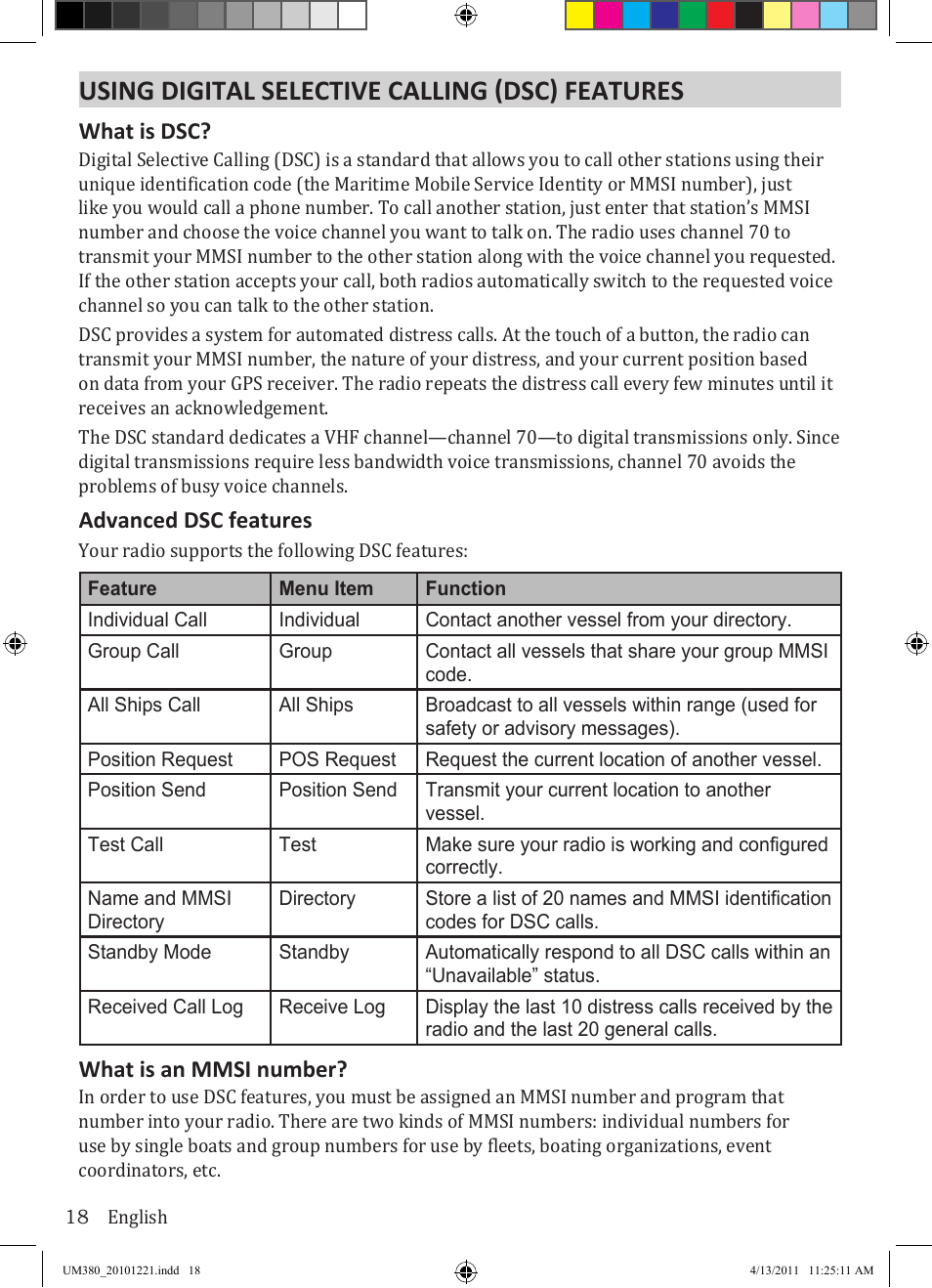 Using digital selective calling (dsc) features, What is dsc, Advanced dsc features | What is an mmsi number | Uniden Waterproof DSC Marine Radio UM380 User Manual | Page 22 / 56