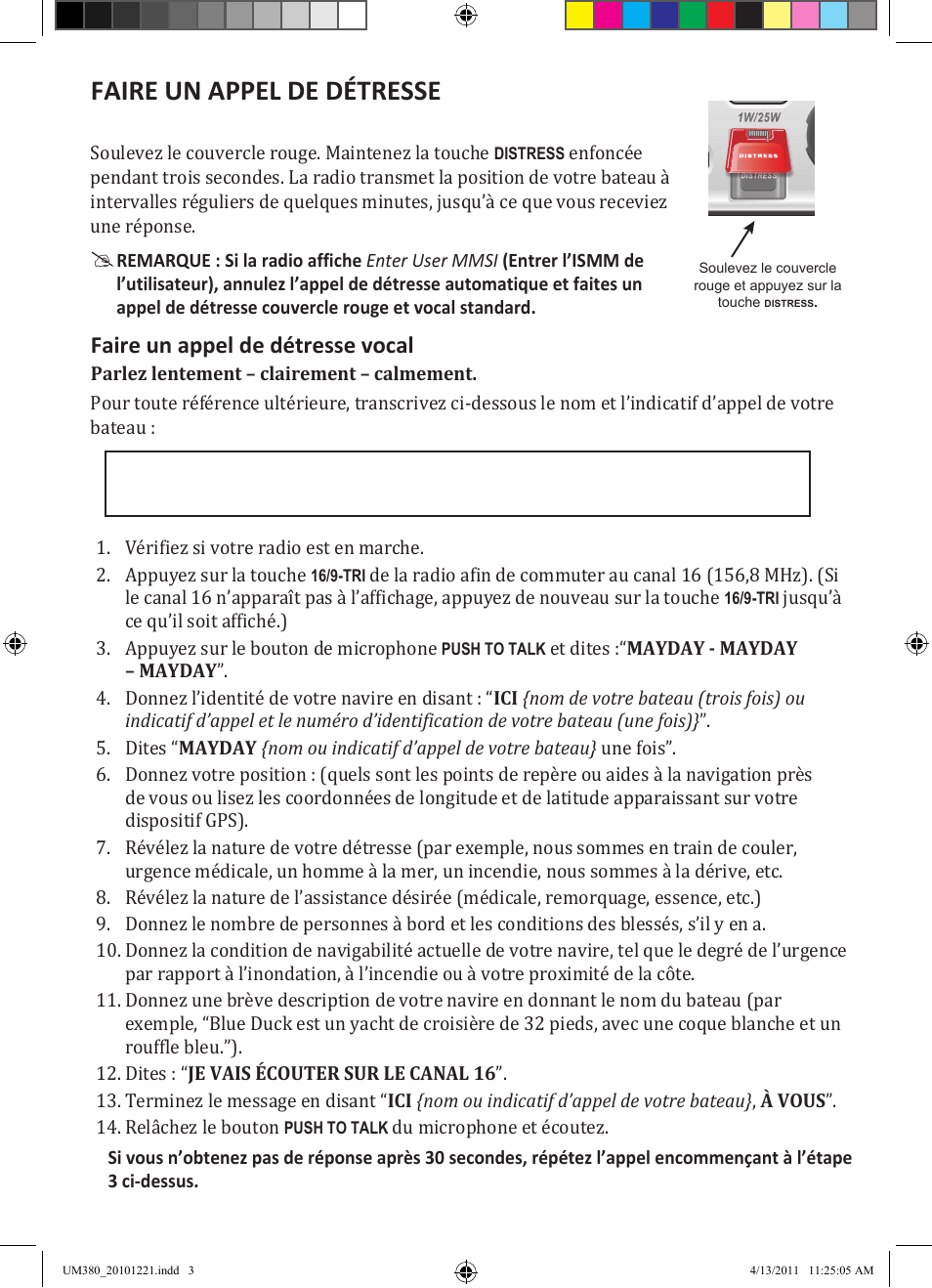 Faire un appel de détresse, Faire un appel de détresse vocal | Uniden Waterproof DSC Marine Radio UM380 User Manual | Page 3 / 56