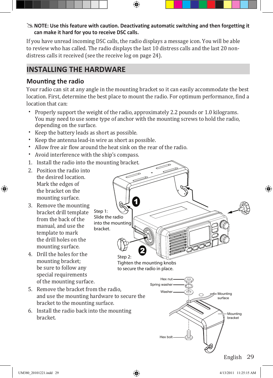 Installing the hardware, Mounting the radio | Uniden Waterproof DSC Marine Radio UM380 User Manual | Page 33 / 56