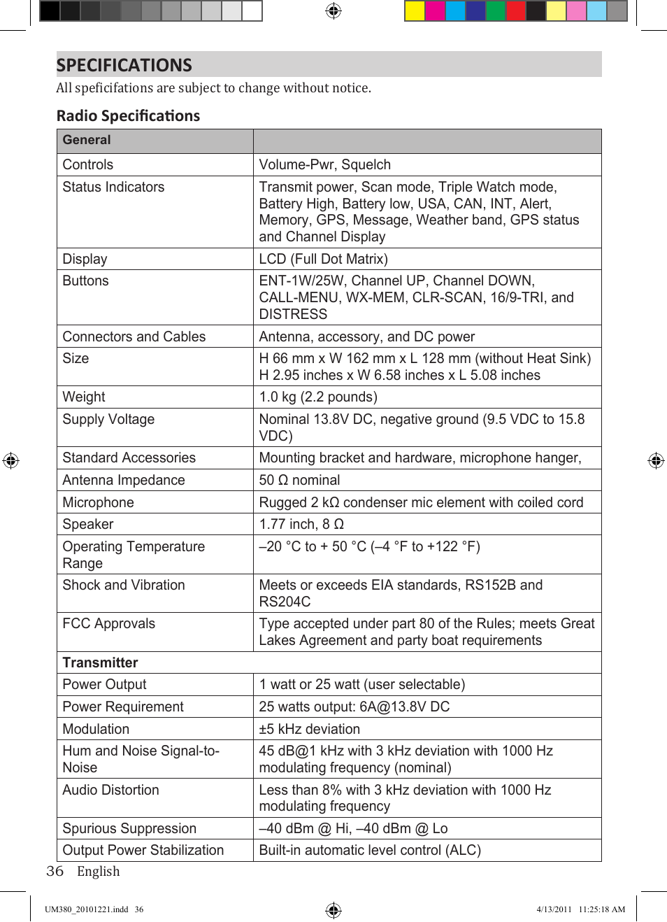 Specifications, Radio specifications | Uniden Waterproof DSC Marine Radio UM380 User Manual | Page 40 / 56