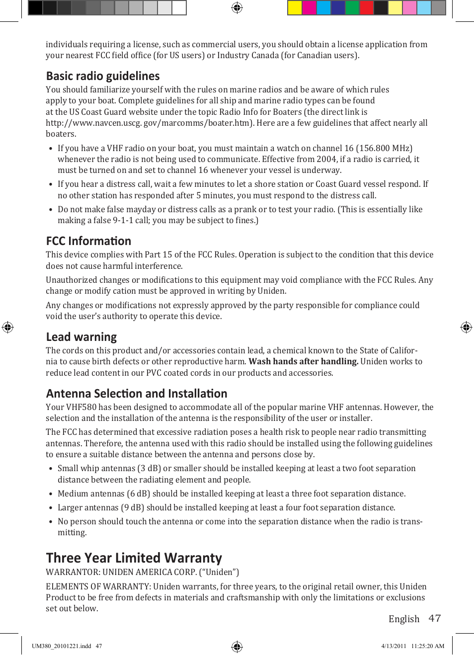 Three year limited warranty, Basic radio guidelines, Fcc information | Lead warning, Antenna selection and installation | Uniden Waterproof DSC Marine Radio UM380 User Manual | Page 51 / 56