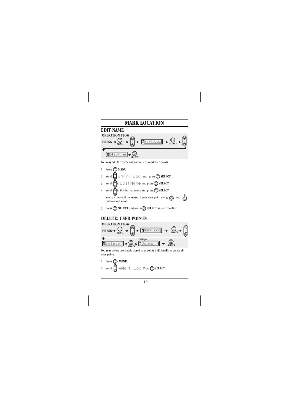 Mark location, Edit name delete: user points | Uniden 301 User Manual | Page 15 / 32