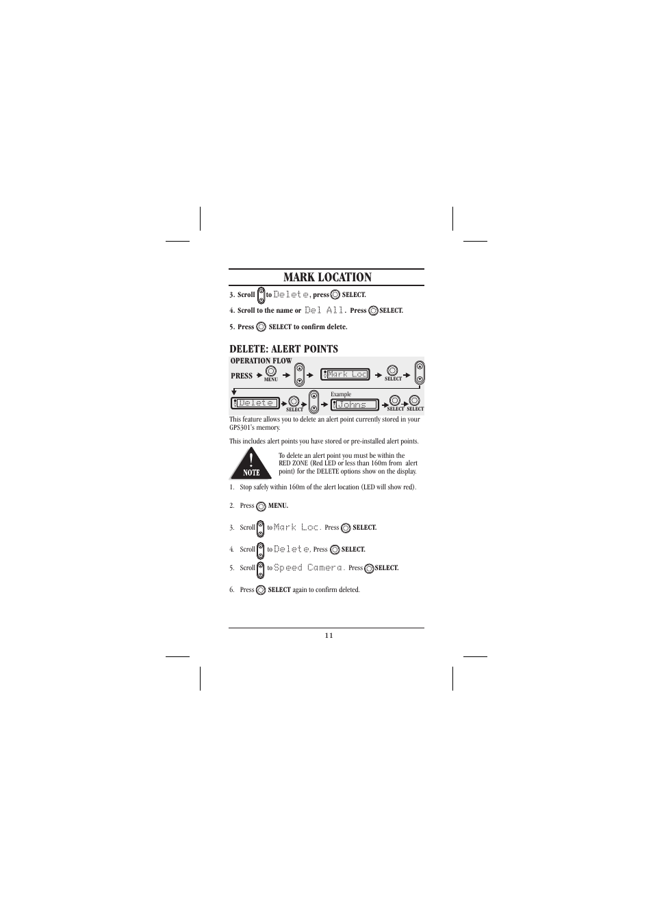 Mark location, Delete: alert points | Uniden 301 User Manual | Page 16 / 32