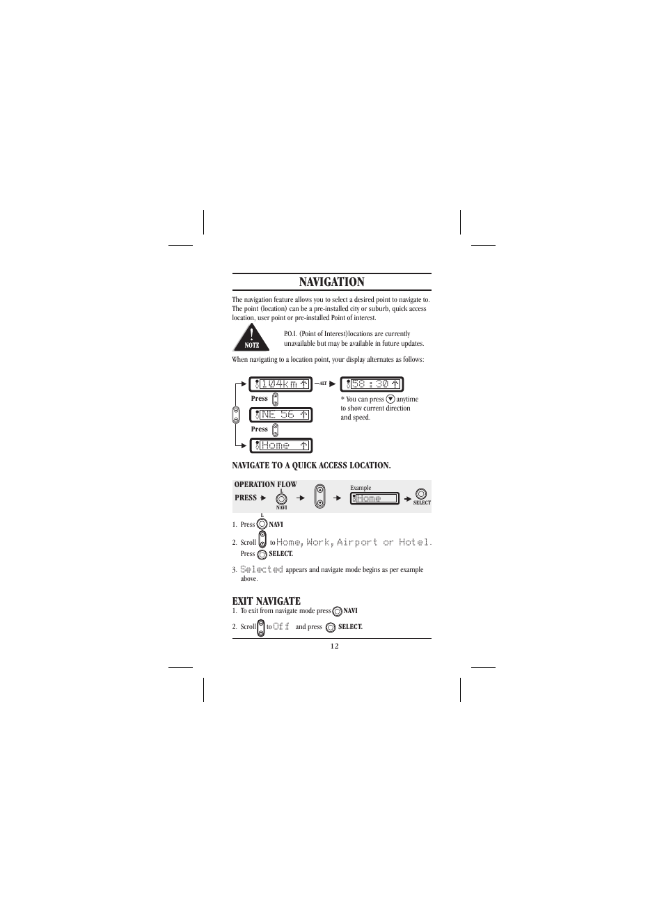 Navigation, Exit navigate | Uniden 301 User Manual | Page 17 / 32