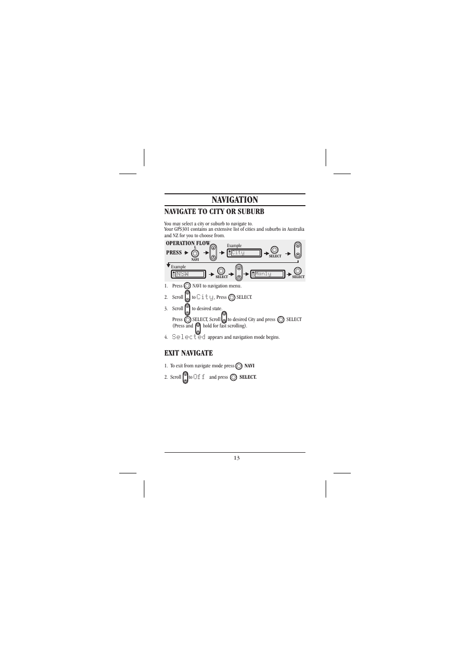 Navigation, Navigate to city or suburb, Exit navigate | Uniden 301 User Manual | Page 18 / 32