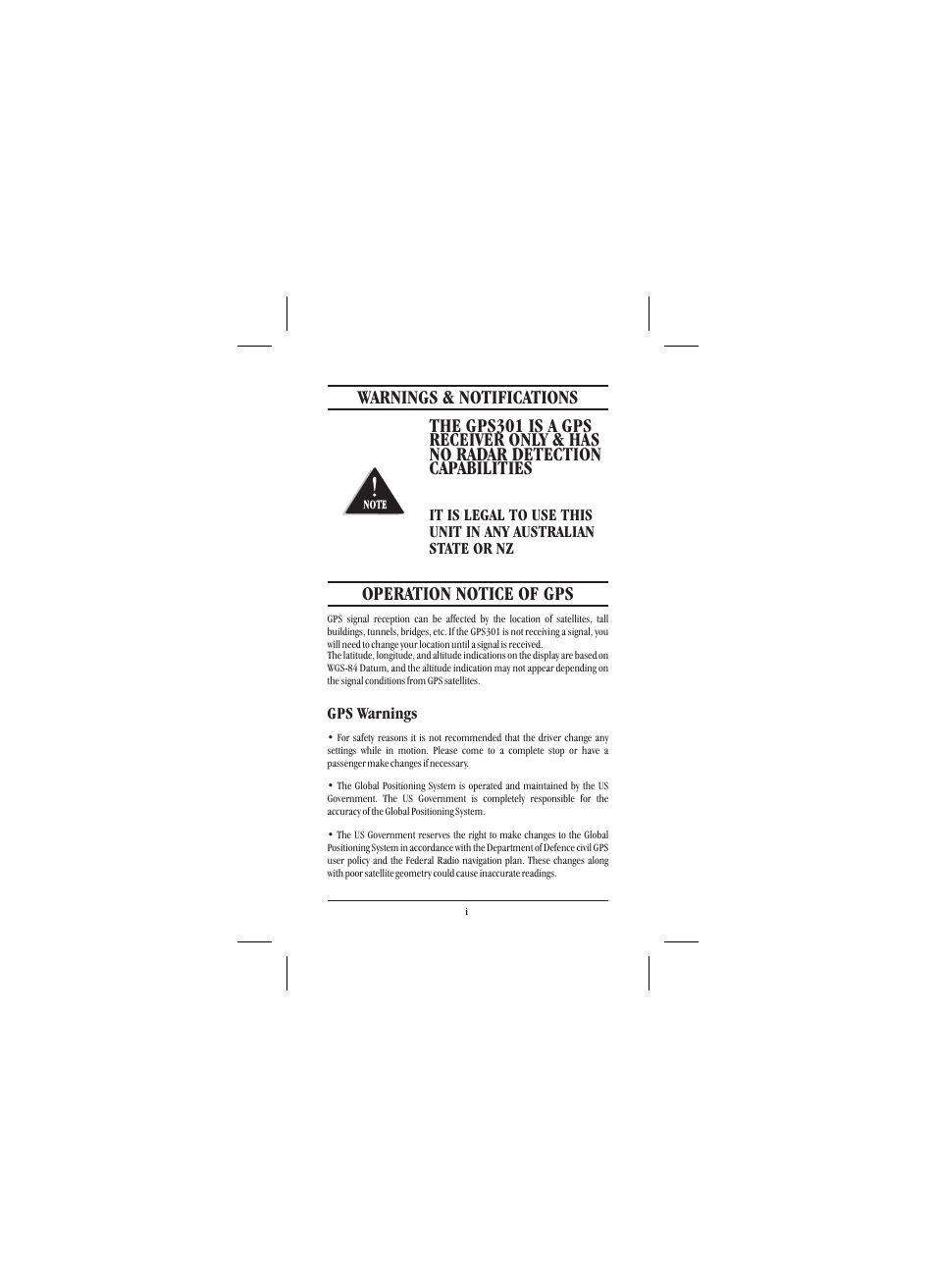 Operation notice of gps | Uniden 301 User Manual | Page 2 / 32