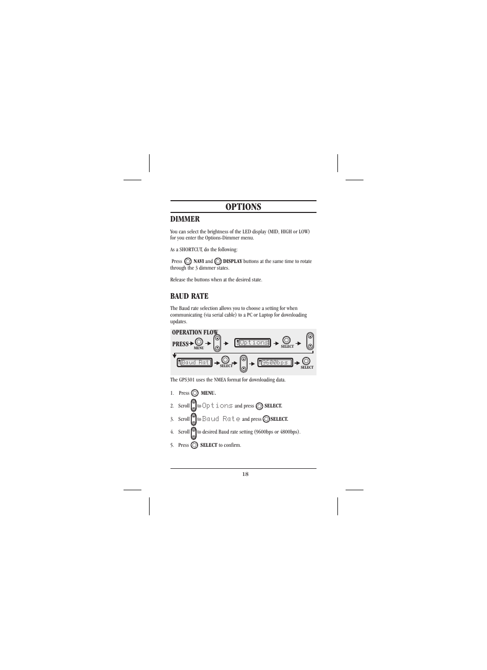 Options, Dimmer baud rate | Uniden 301 User Manual | Page 23 / 32