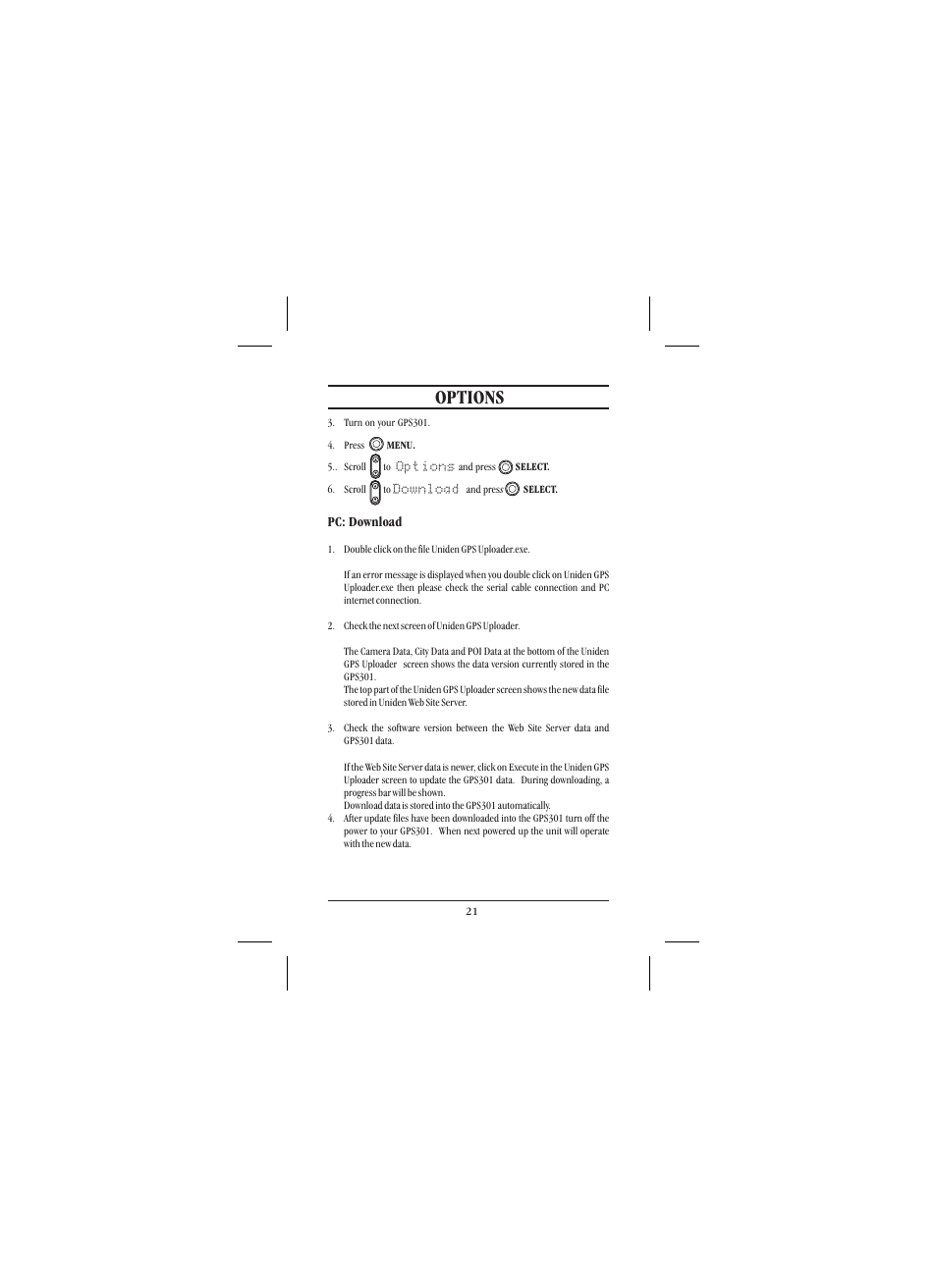 Options | Uniden 301 User Manual | Page 26 / 32