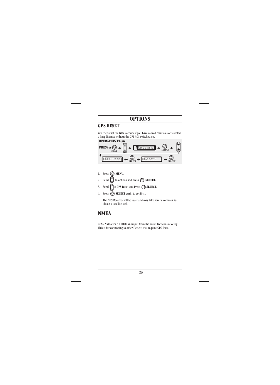 Options, Nmea, Gps reset | Uniden 301 User Manual | Page 28 / 32