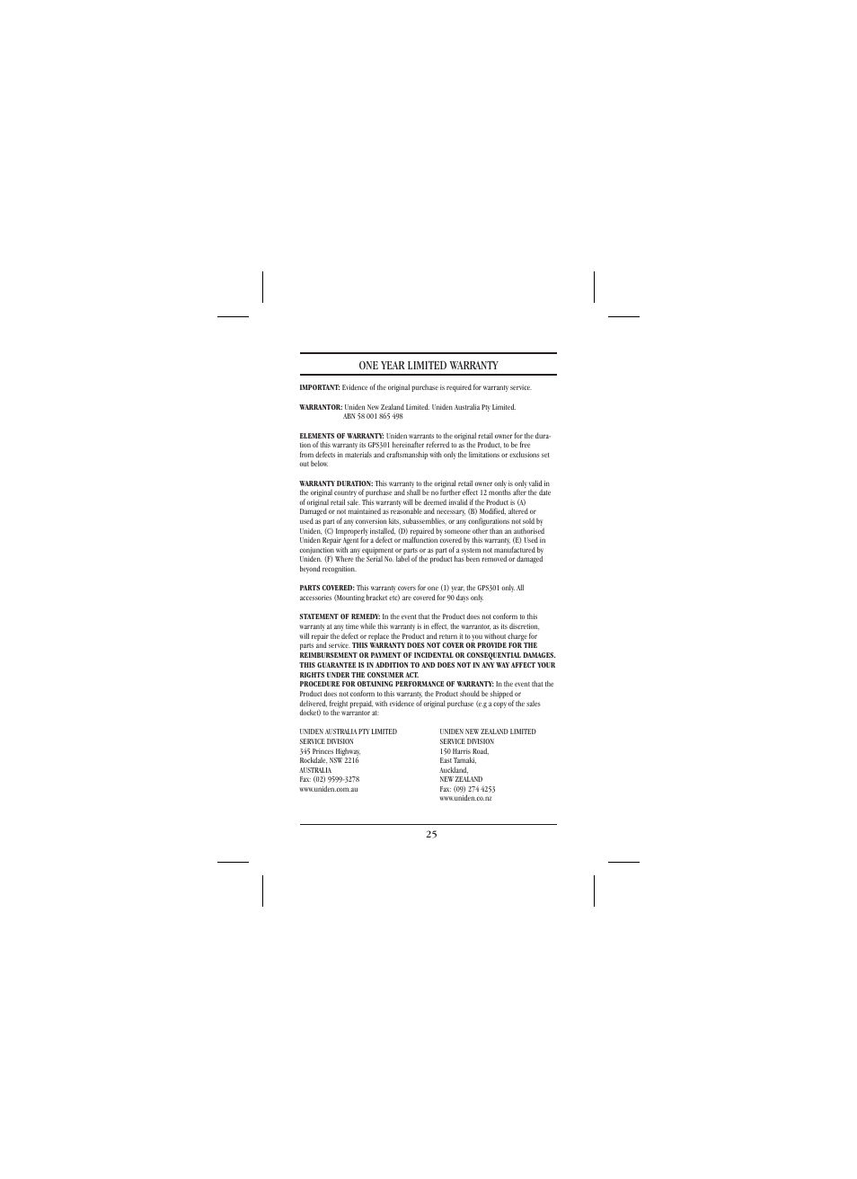 One year limited warranty | Uniden 301 User Manual | Page 30 / 32