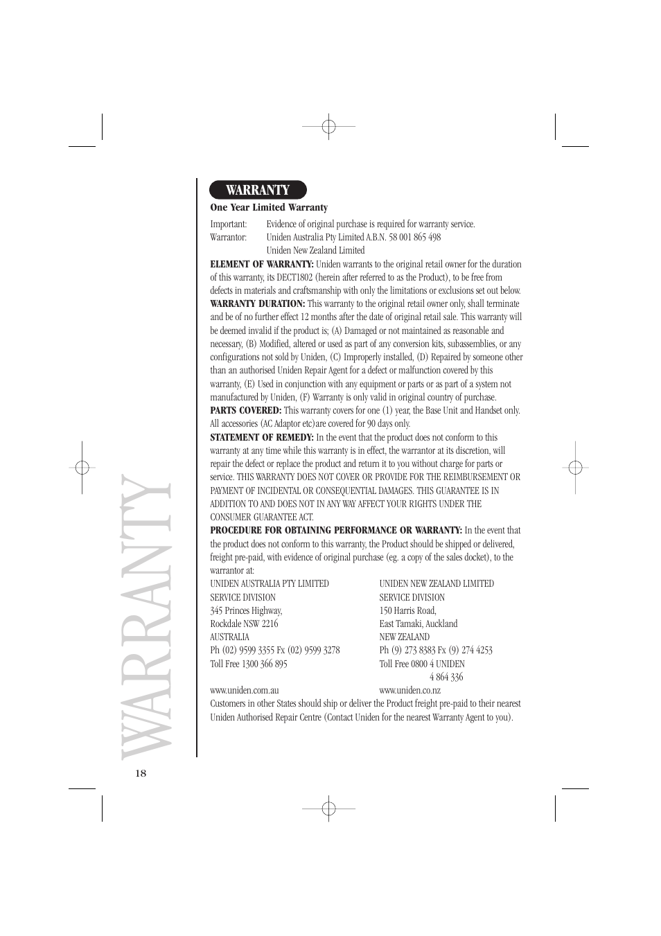 Warranty | Uniden DECT1805 User Manual | Page 22 / 23