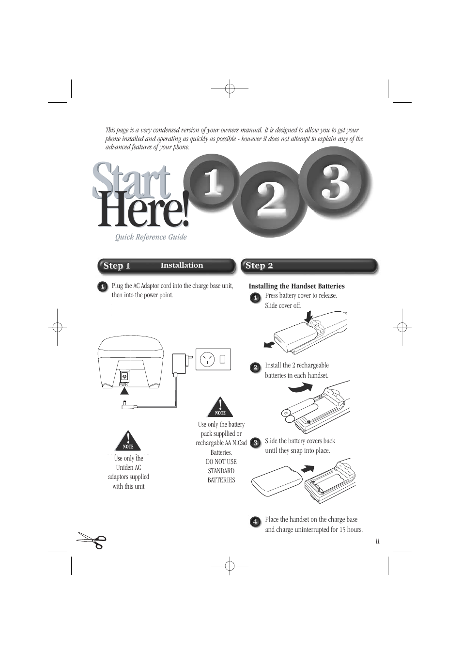 Here, Start, Start here | Uniden DECT1805 User Manual | Page 3 / 23