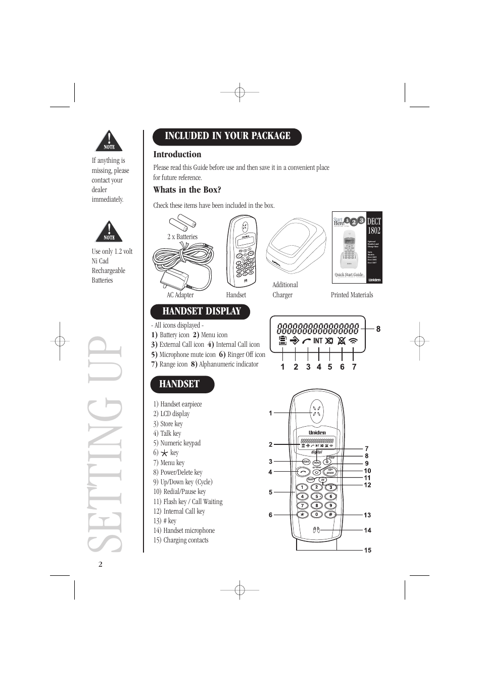 Setting up, Handset display, Included in your package | Handset, Dect 1802, Introduction, Whats in the box | Uniden DECT1805 User Manual | Page 6 / 23