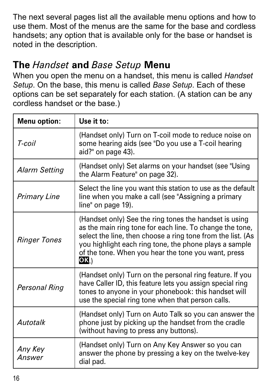 The handset and base setup menu | Uniden DECT4096 Series User Manual | Page 18 / 52