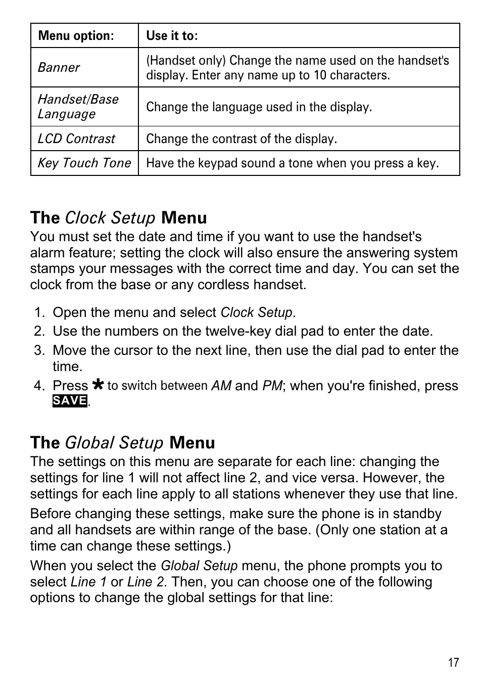 The clock setup menu, The global setup menu | Uniden DECT4096 Series User Manual | Page 19 / 52