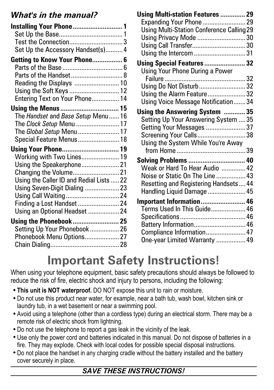 Important safety instructions, What's in the manual | Uniden DECT4096 Series User Manual | Page 2 / 52