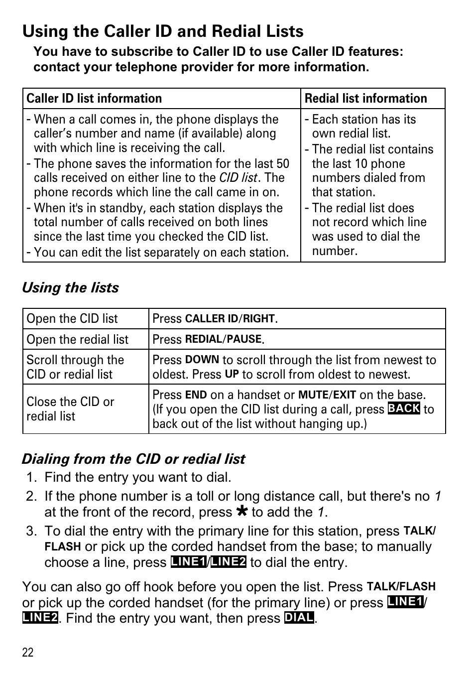 Using the caller id and redial lists | Uniden DECT4096 Series User Manual | Page 24 / 52
