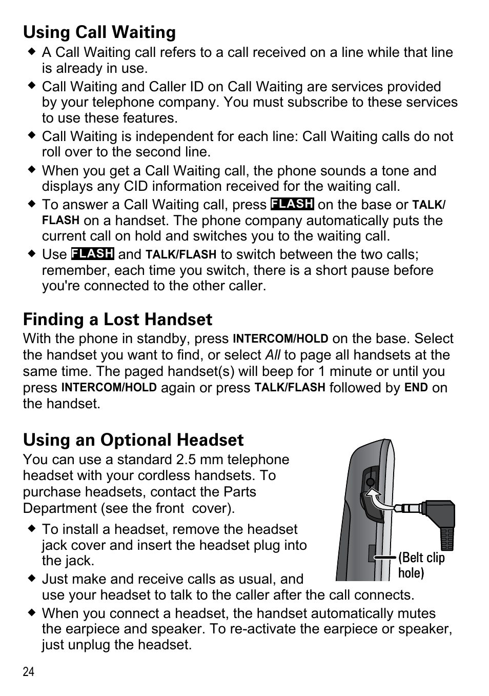 Using call waiting, Finding a lost handset, Using an optional headset | Uniden DECT4096 Series User Manual | Page 26 / 52