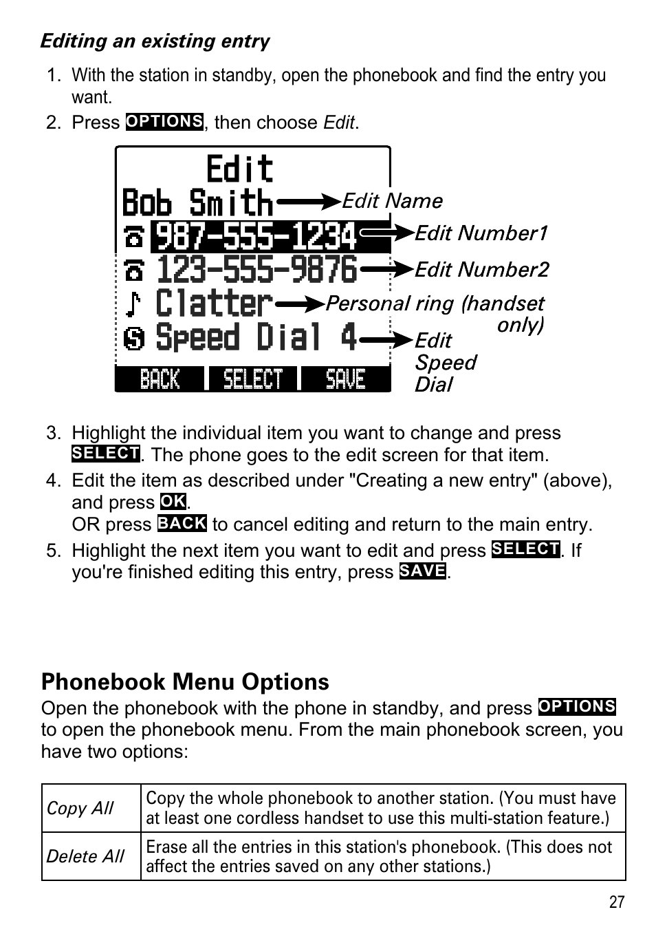 Phonebook menu options | Uniden DECT4096 Series User Manual | Page 29 / 52